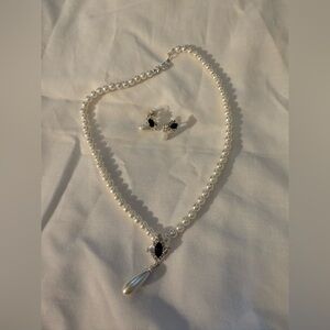 Elegant Pearl and Black Stone Jewelry Set - faux pearl and stone - New